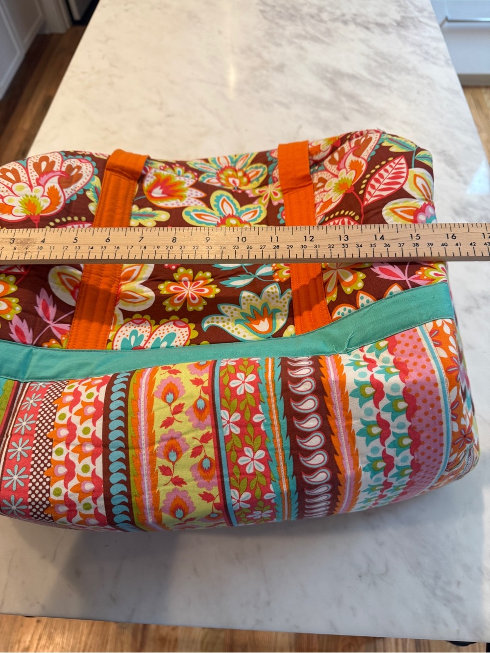 Handmade Quilted Weekender Duffel Bag Floral Boho Travel Tote Orange Aqua - Picture 7 of 8